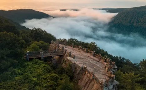 A majestic birds-eye view of the coopers rock overlook with lots of fog covering the cheat river valley.